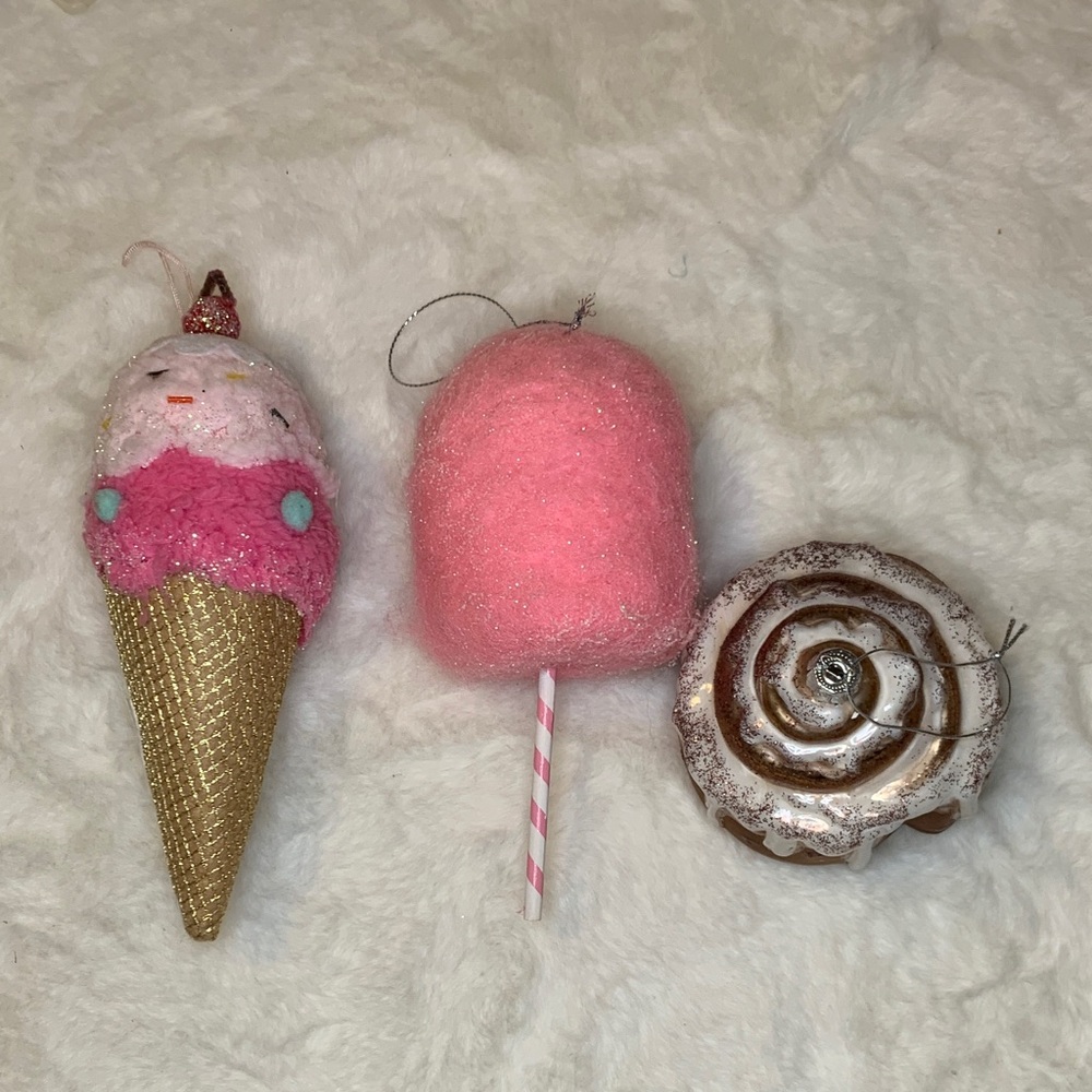 Sweet Treat Ornament Trio - Pink Ice Cream, Cotton Candy, Cinnamon Roll